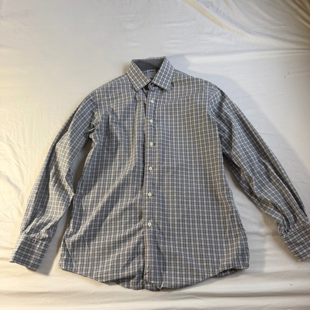 Brooks Brothers 1818 Slim Fit Grey Plaid Shirt Mens 15-33 Cotton Made in USA